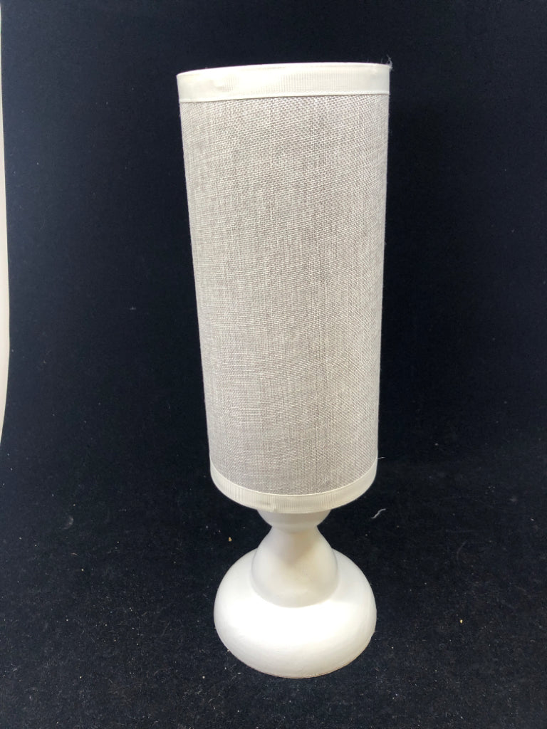 WHITE PILLAR HEADBAND STAND W/ GREY FABRIC.
