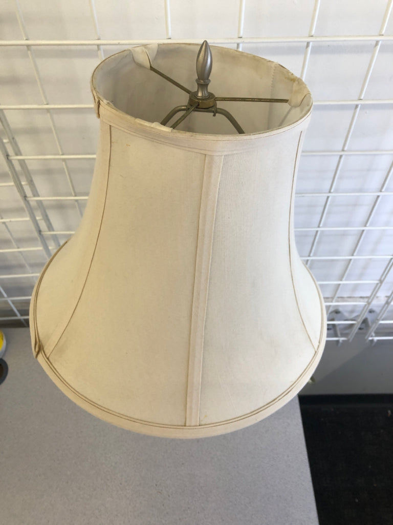 SILVER BASE, TAN SHADE TABLE LAMP.