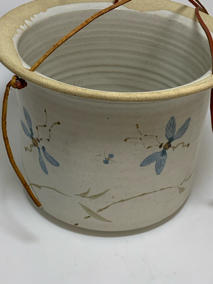 DRAGONFLY PAINTED HANGING STONEWARE PLANTER.