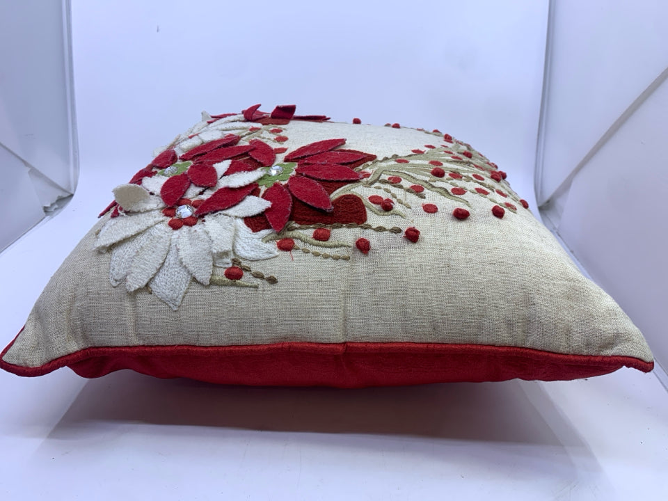 CREAM/RED POINSETTIA ACCENT PILLOW.