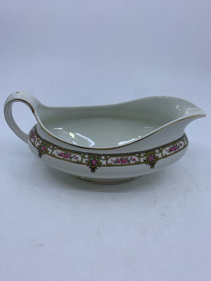VTG GRAVY BOAT W/ GOLD SCROLL STRIPE W/ PINK ROSES MADE IN ENGLAND.