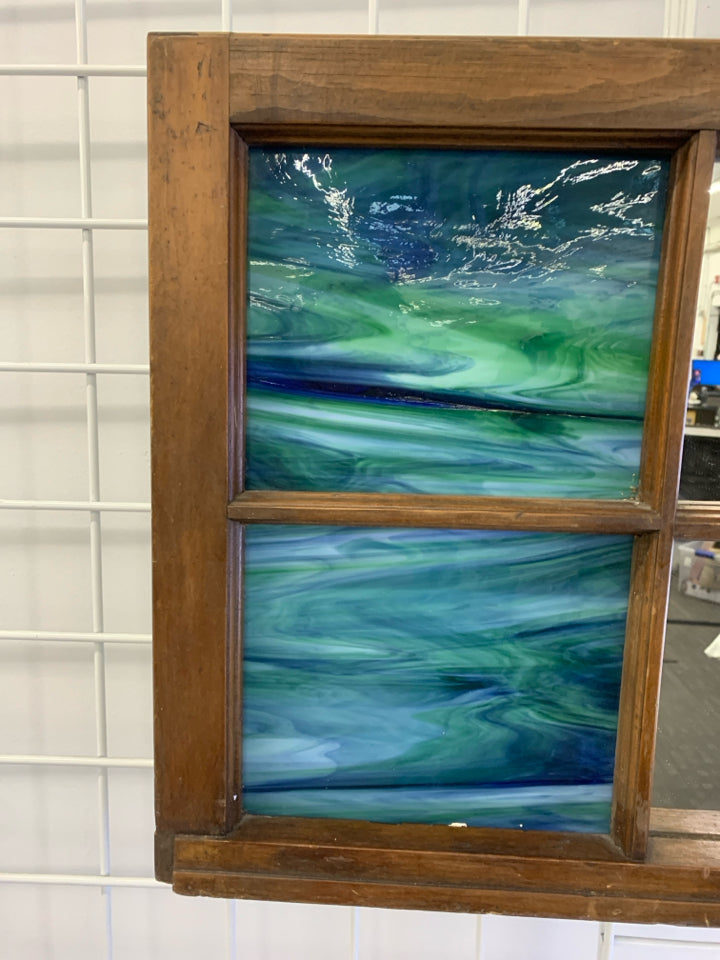 WOODEN MIRROR WINDOW-PANE W/BLUE&GREEN MARBLED GLASS.