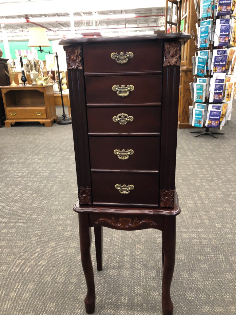 CHERRY WOOD JEWELRY ARMOIRE W/FLIP TOP 4 DRAWERS.
