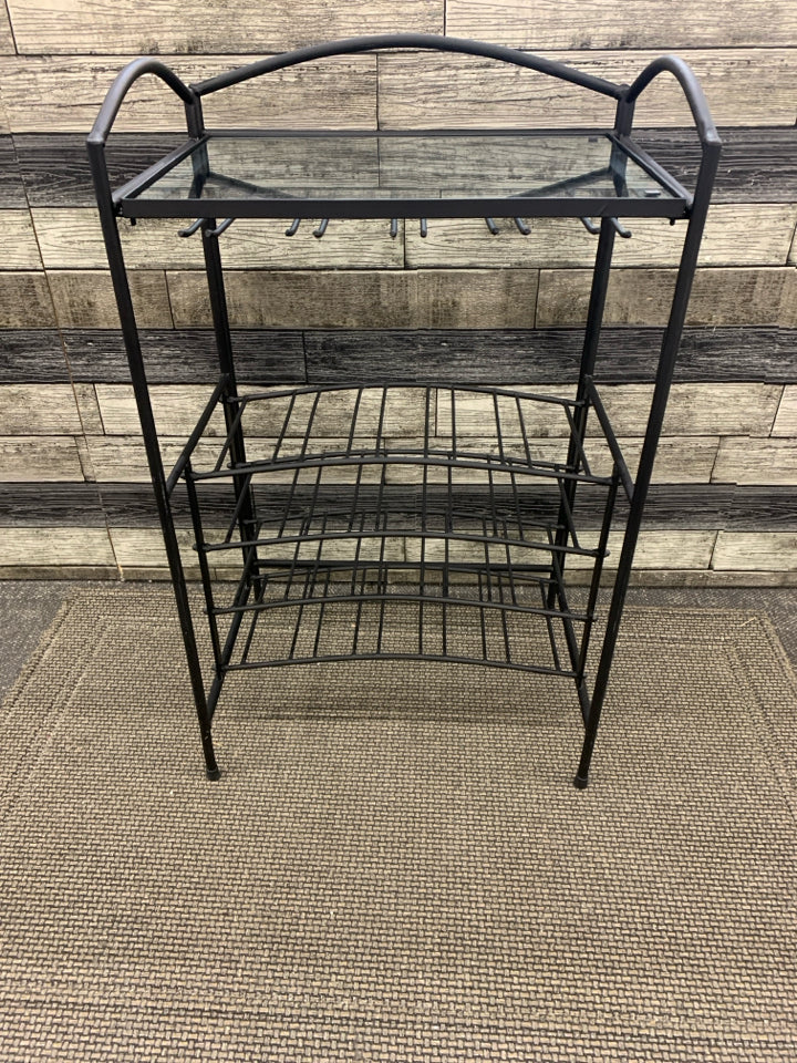 METAL WINE BOTTLE & GLASS RACK W/GLASS TOP.