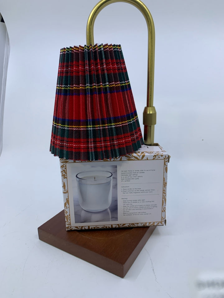 NEW CANDLE LAMP WAX WARMER W/ PLAID SHADE.