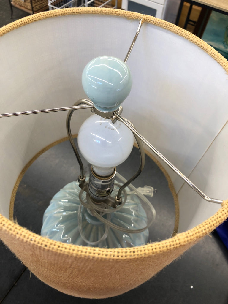 ROUND TEAL LAMP W TAN SHADE.