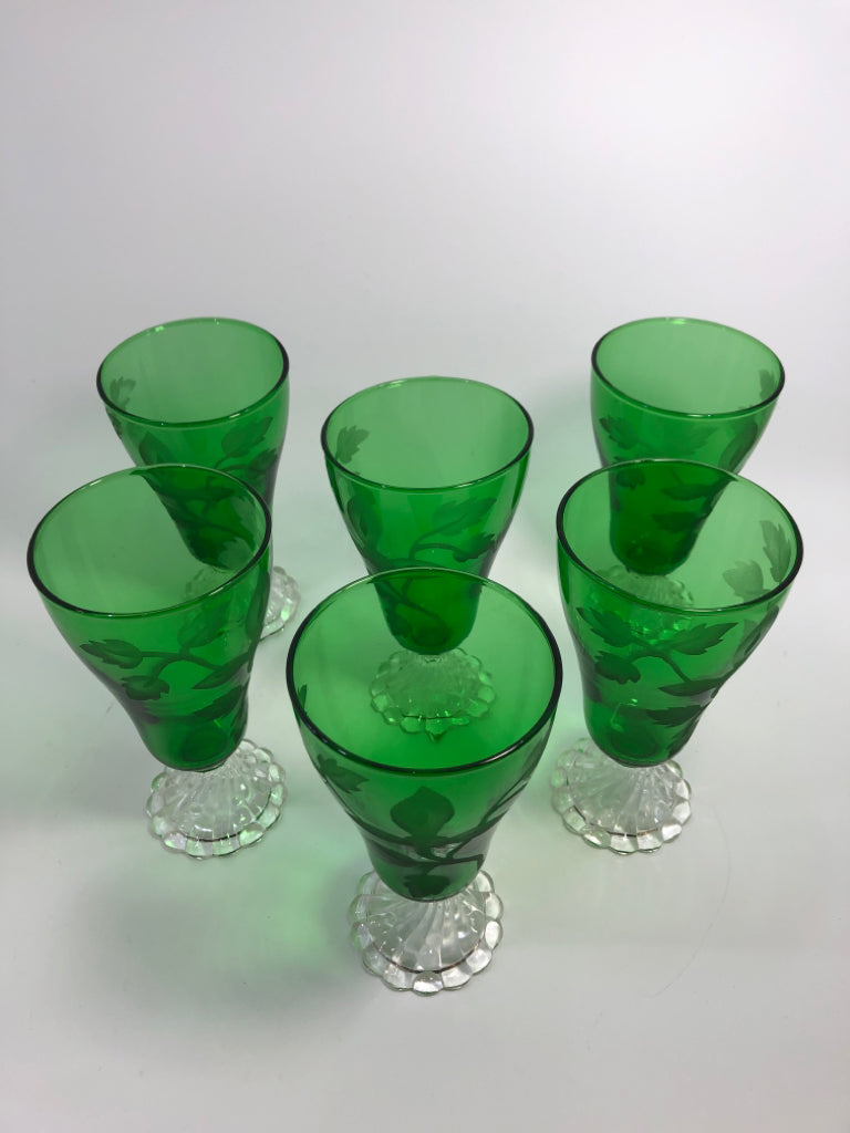 6PC VTG ANCHOR HOCKING EMERALD GREEN GOBLET W/ETCHING+SWIRLED BASE.