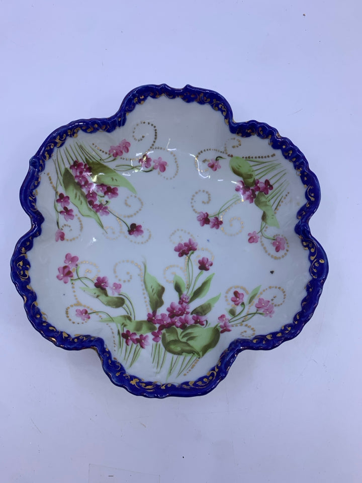 VTG PINK FLORAL W BLUE ACCENTS BOWL.