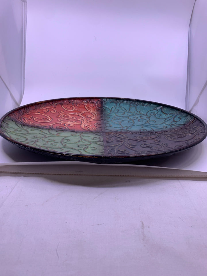 LARGE DECORATIVE METAL PLATE RED,GREEN,TEAL,BROWN WITH METAL STAND.