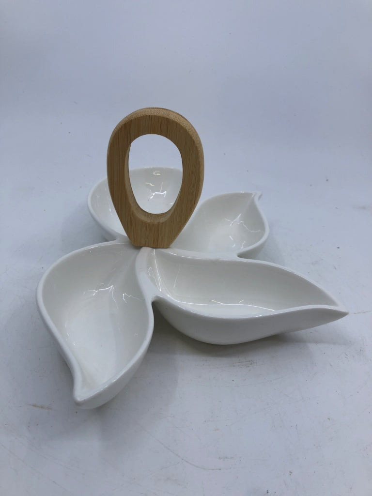 WHITE PORCELAIN BRANDINI 4 SECTION APPETIZER TRAY WITH BAMBOO HANDLE.