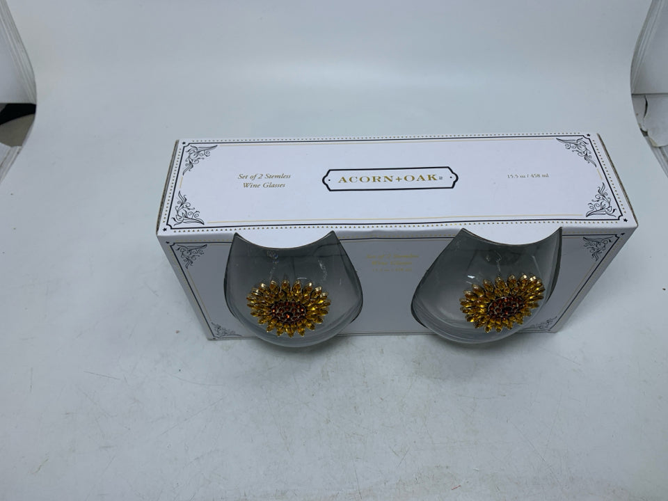 NIB 2 STEMLESS JEWELED SUNFLOWERS WINE GLASSES.