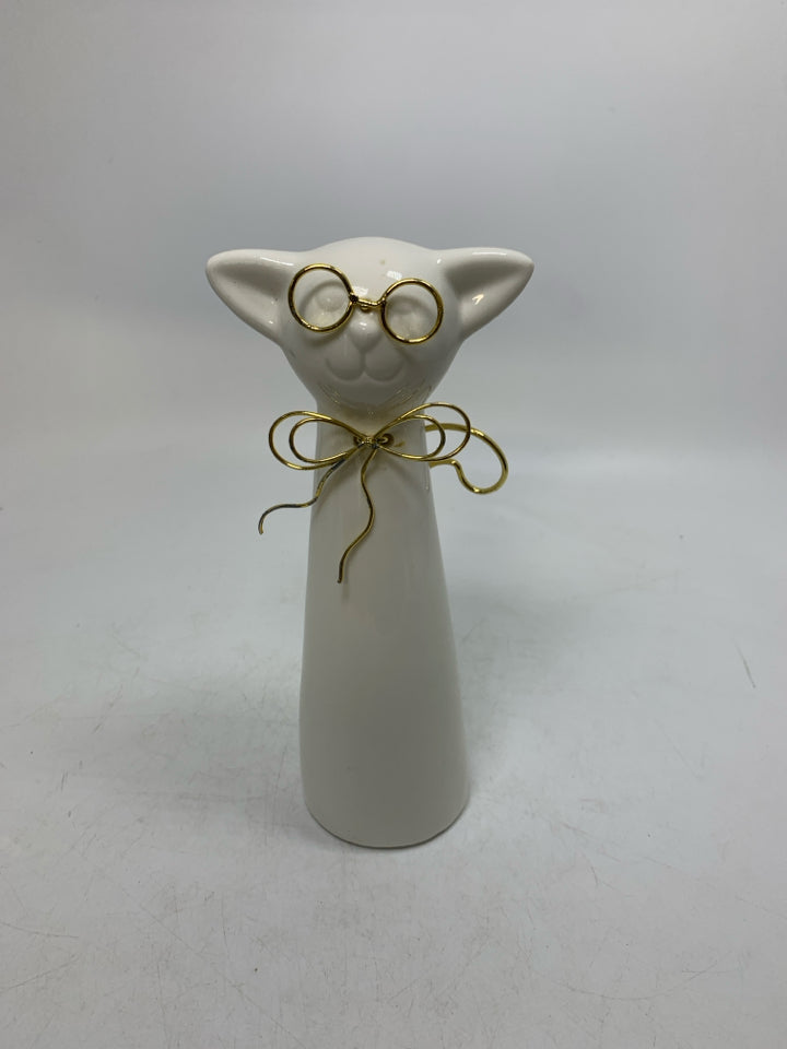 WHITE CERAMIC CAT W/ GOLD METAL GLASSES.