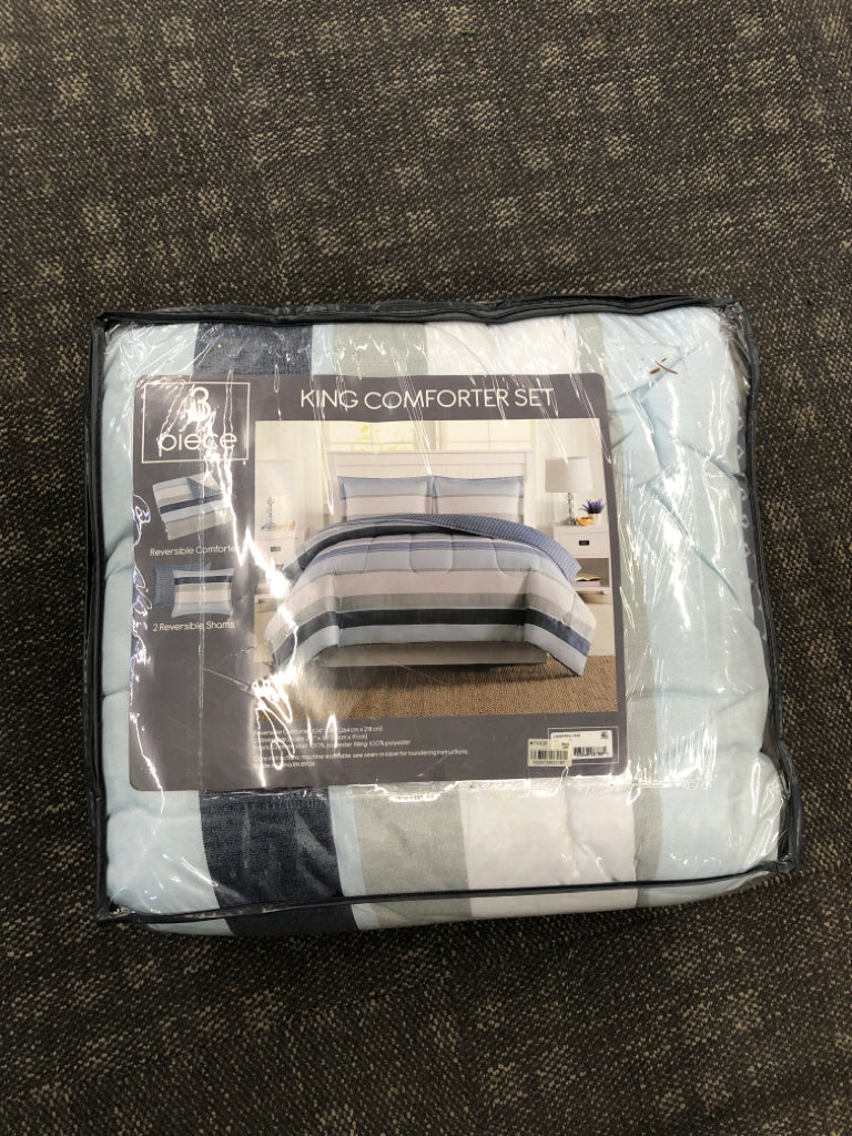 NIP BLUE STRIPE KING COMFORTER SET.