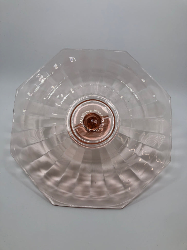 VTG PINK OCTAGONAL SRVG TRAY W/LOOP HANDLE.