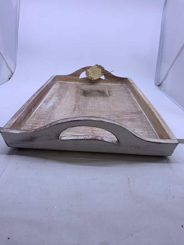 DISTRESSED WOOD TRAY W HANDLES.