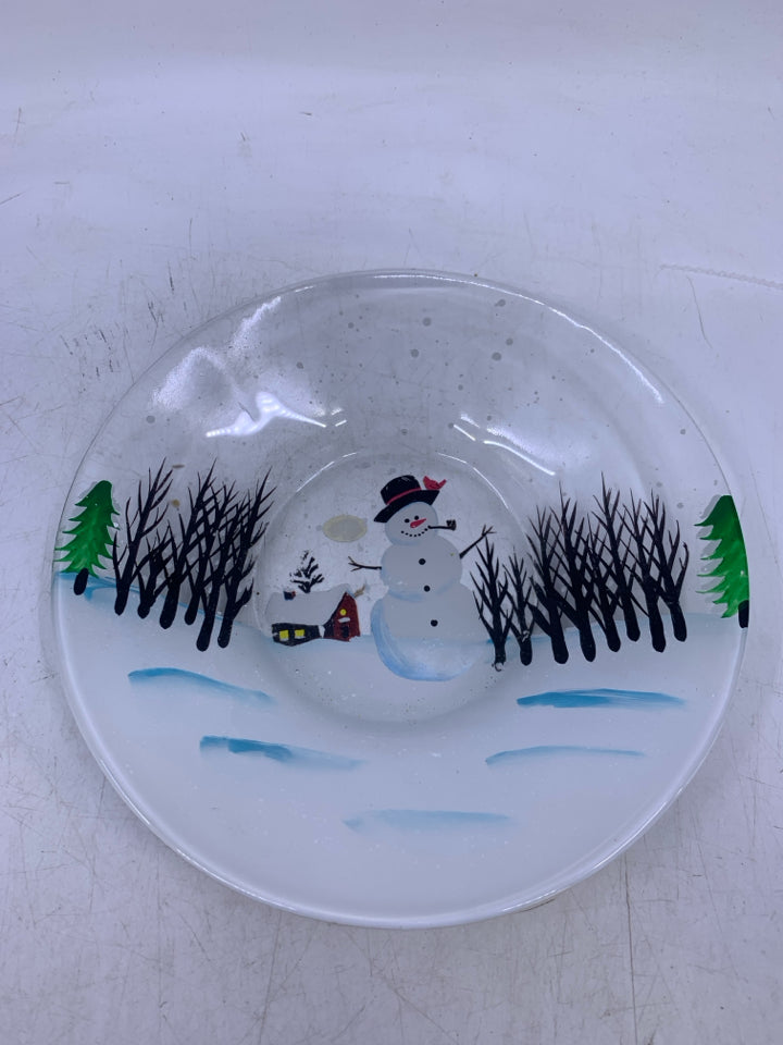 2 PC GLASS CANDLE PLATE/SHADE W/ PAINTED SNOWMEN.