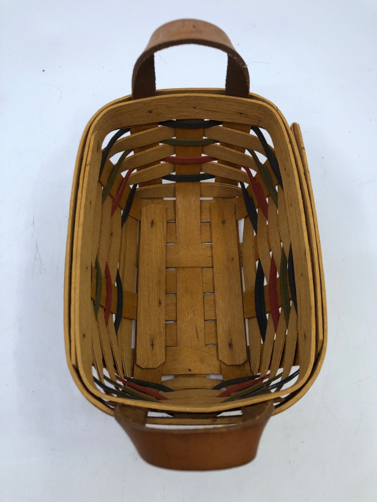 1996 ROUNDED RECTANGLE BASKET WITH 2 LEATHER HANDLES BLUE/GREEN/RED WEAVE.