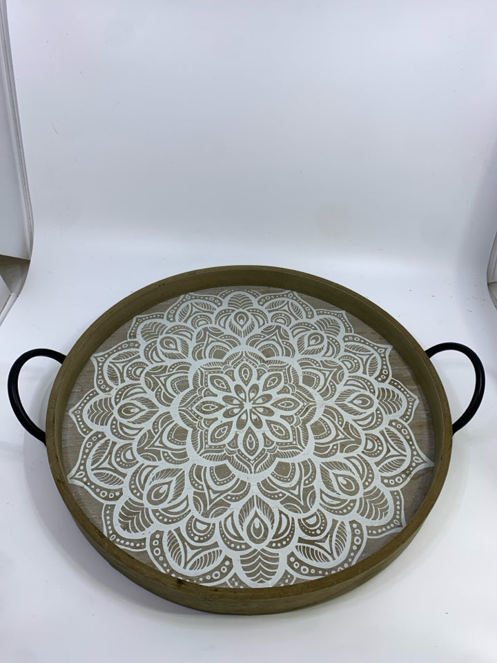 WOODEN MANDALA TRAY W/METAL HANDLES.
