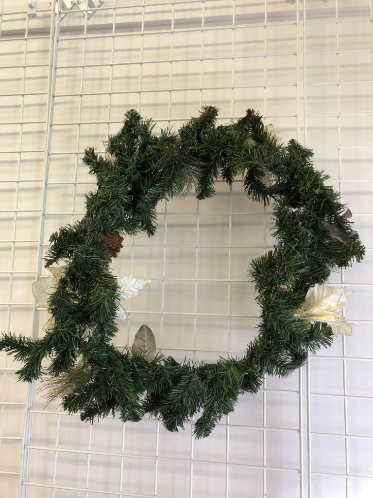 WREATH W/ WHITE/GOLD POINSETTIA/PINECONE.