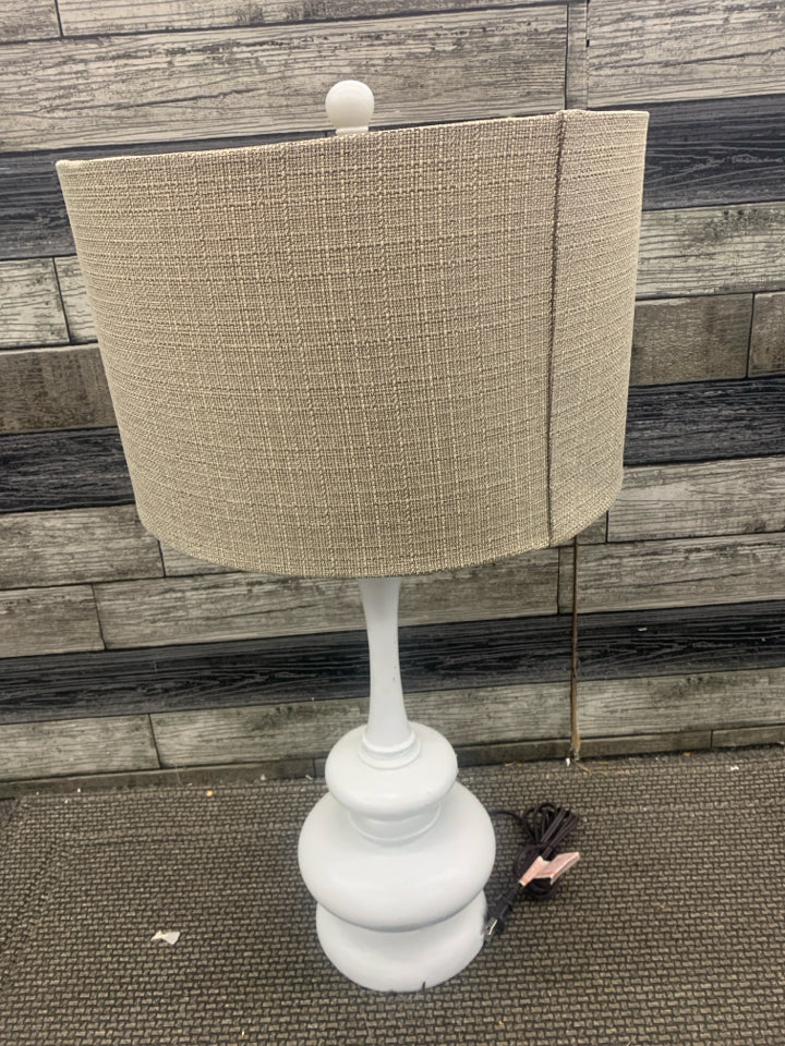 WHITE BUBBLE BASE LAMP W TAN SHADE.