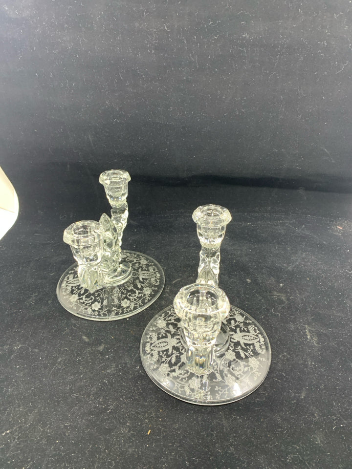 2 VTG FLORAL ETCHED TAPER CANDLE HOLDERS.