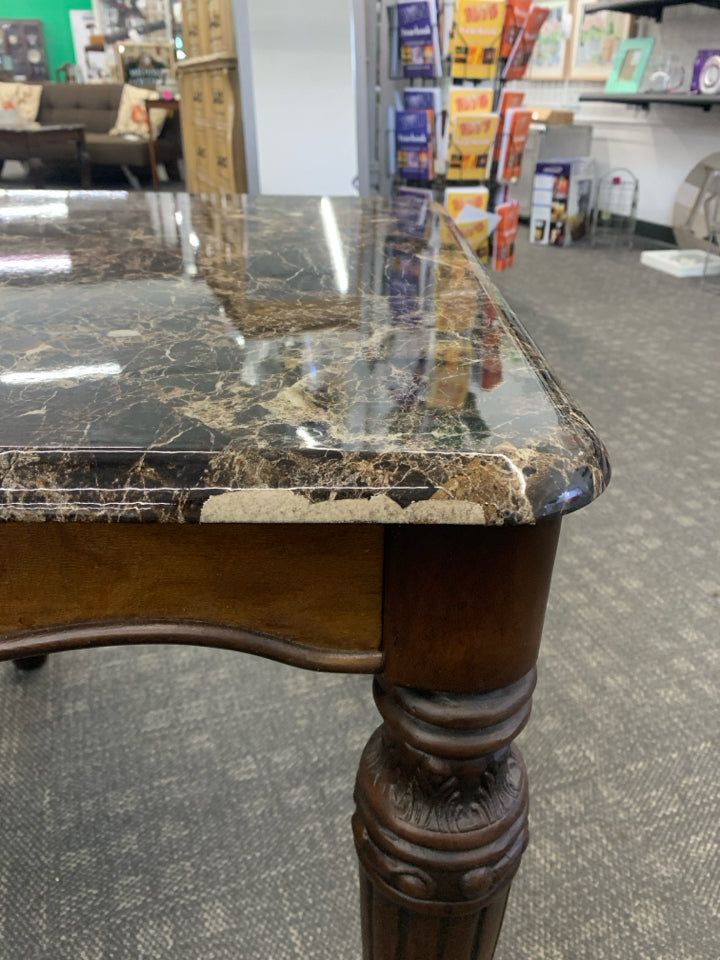 DARK WOOD SIDE TABLE W/ FAUX MARBLE TOP.