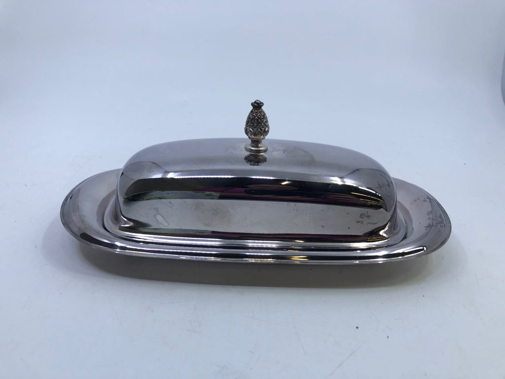METAL + GLASS BUTTER DISH.