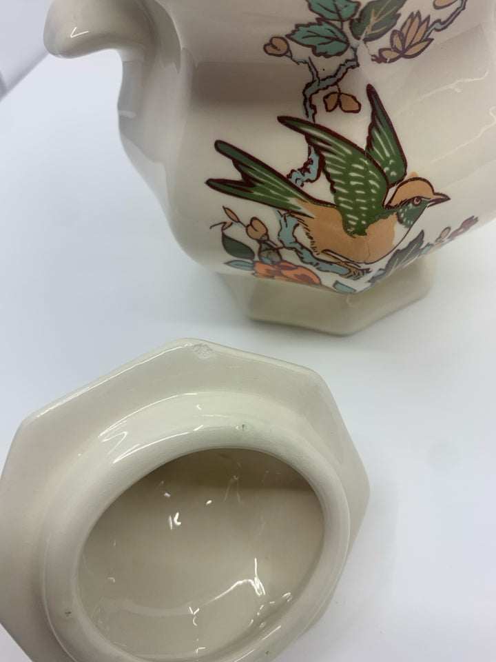 LARGE CREAM GREEN PAINTED BIRDS SUGAR AND CREAMER.