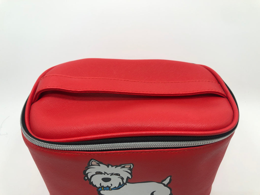 MARC TETRO WHITE DOG RED MAKEUP BAG.