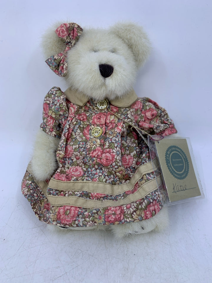 WHITE BEAR W/ PINK FLORAL DRESS.