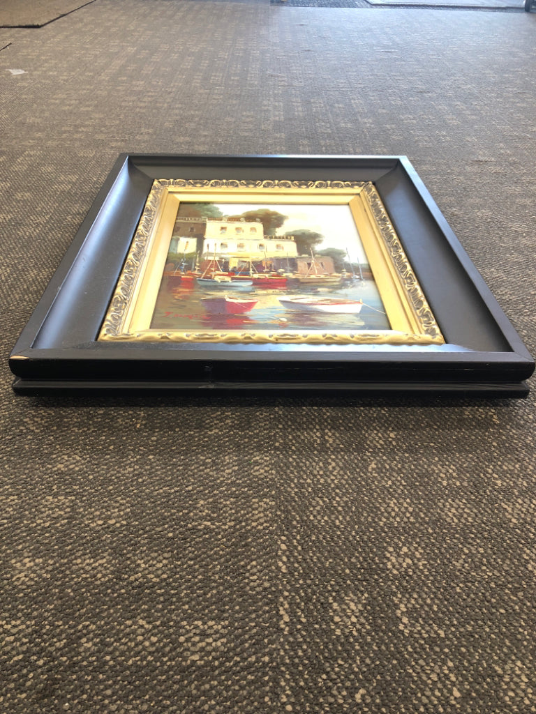 BOATS IN CANAL PAINTING, BLACK GOLD FRAME.