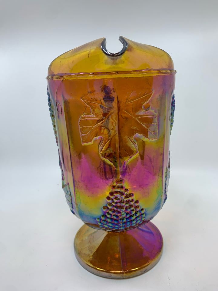 VTG GRAPES EMBOSSED AMBER DEPRESSION GLASS PITCHER.