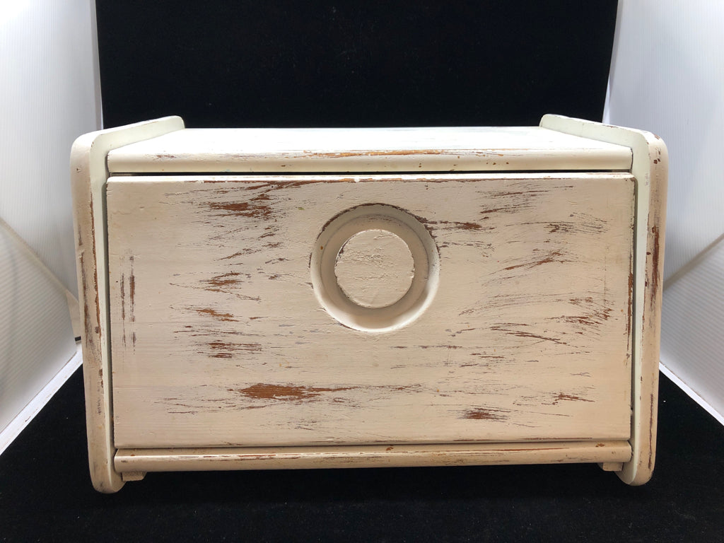 DISTRESSED WHITE BREAD BOX.
