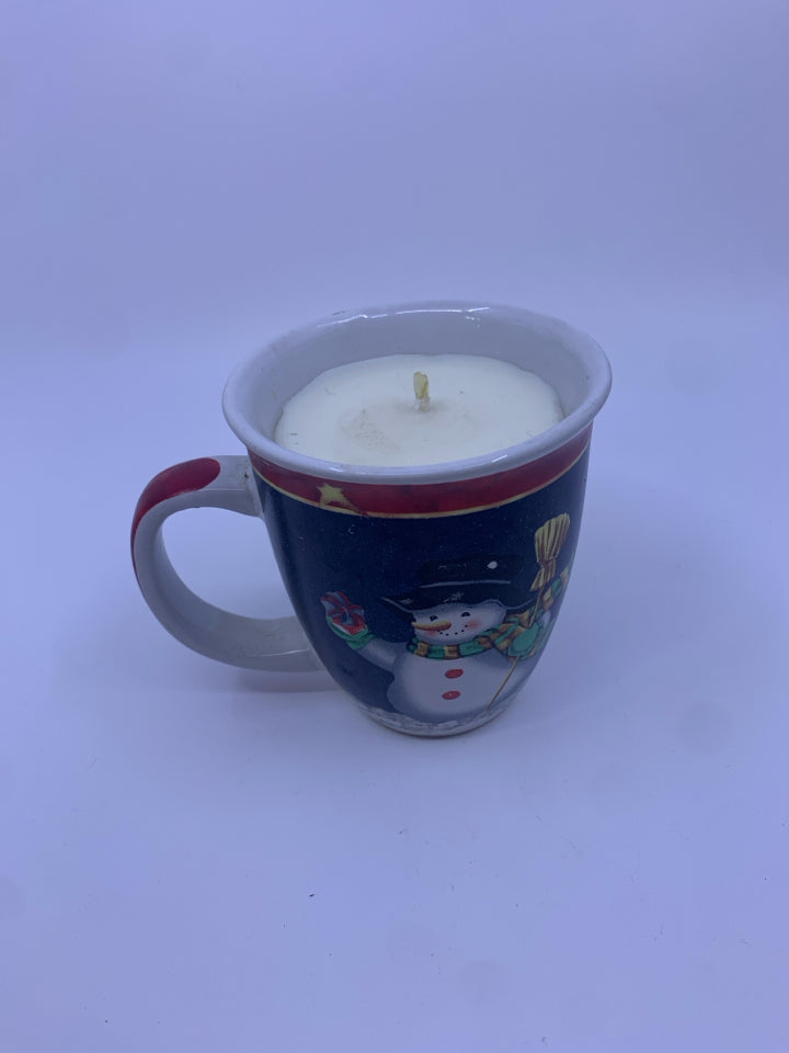 CANDLE IN SNOWMAN MUG.