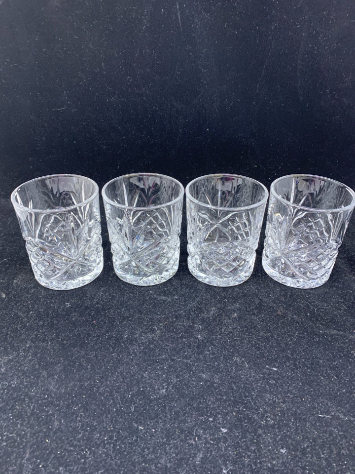4 ETCHED GLASS CRYSTAL DOUBLE OLD FASHIONED GLASSES.