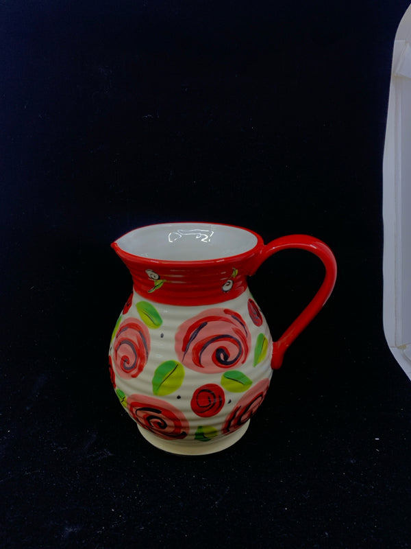 LARGE CERAMIC PITCHER WHITE +RED ROSES.