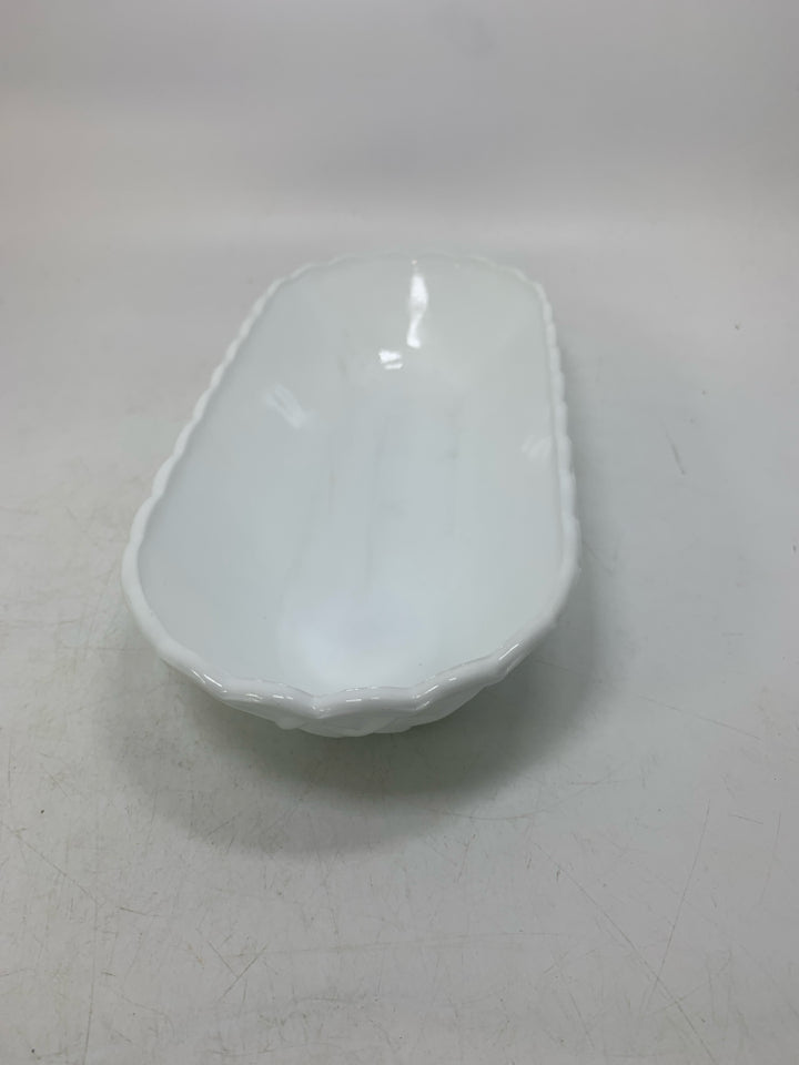 OVAL MILK GLASS BOWL SCALLOP EDGE BASKET WEAVE.