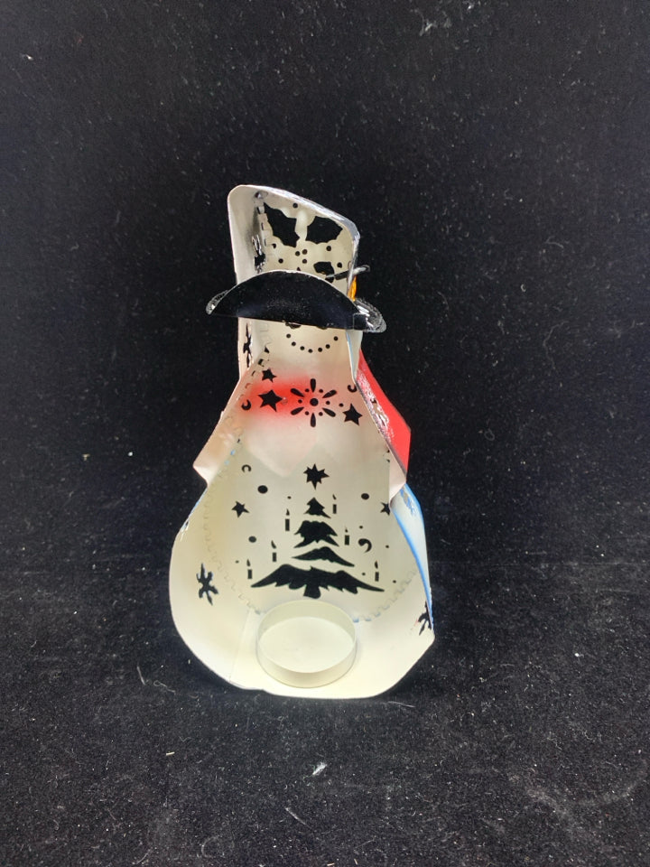 METAL SNOWMAN TEALIGHT HOLDER.