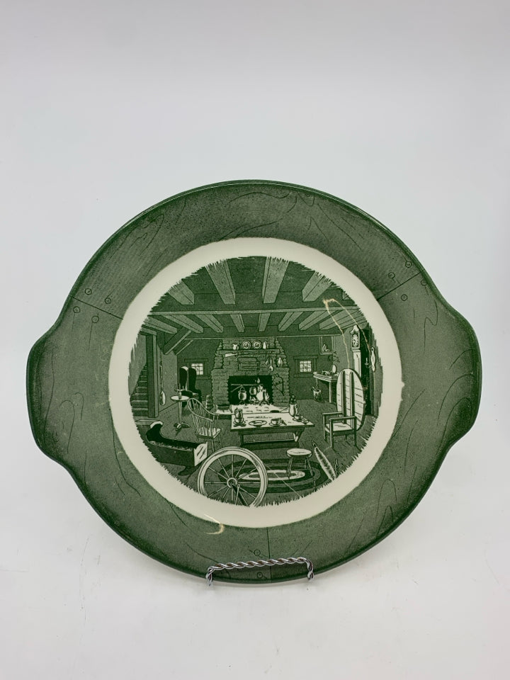 VTG GREEN COLONIAL HOMESTEAD SERVING PLATTER.