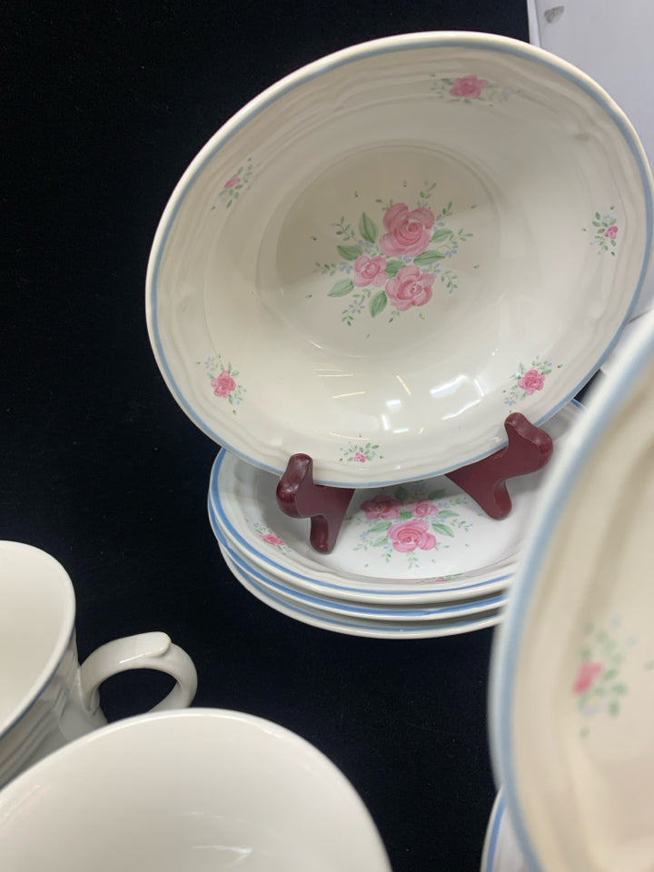16PC WHITE & PINK FLORAL DISH SET W/BLUE RIM.