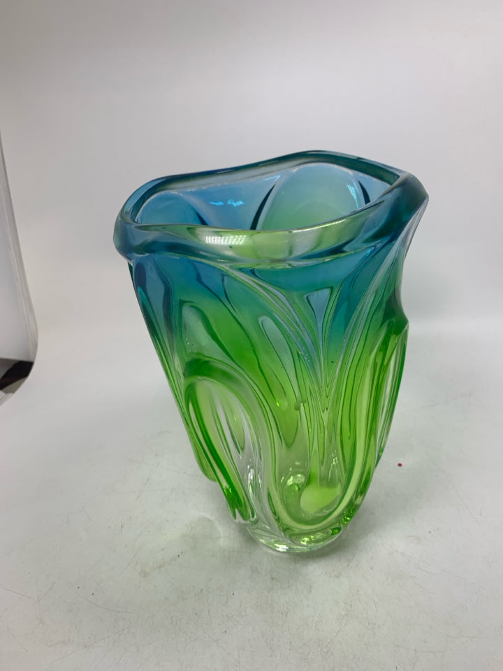 HEAVY GREEN/BLUE GLASS TEXTURED VASE.
