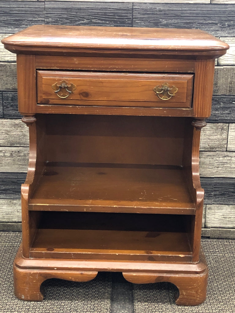 VTG WOOD NIGHTSTAND W 2 SHELVES AND DRAWER.