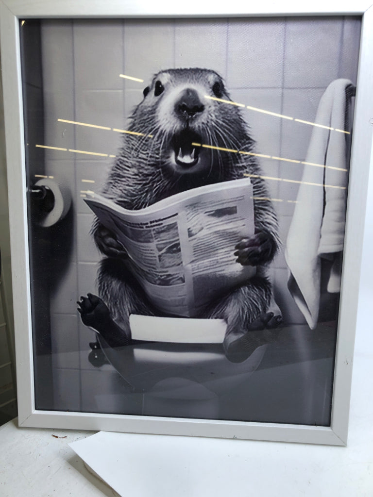 BEAVER ON TOILET IN WHITE FRAME.