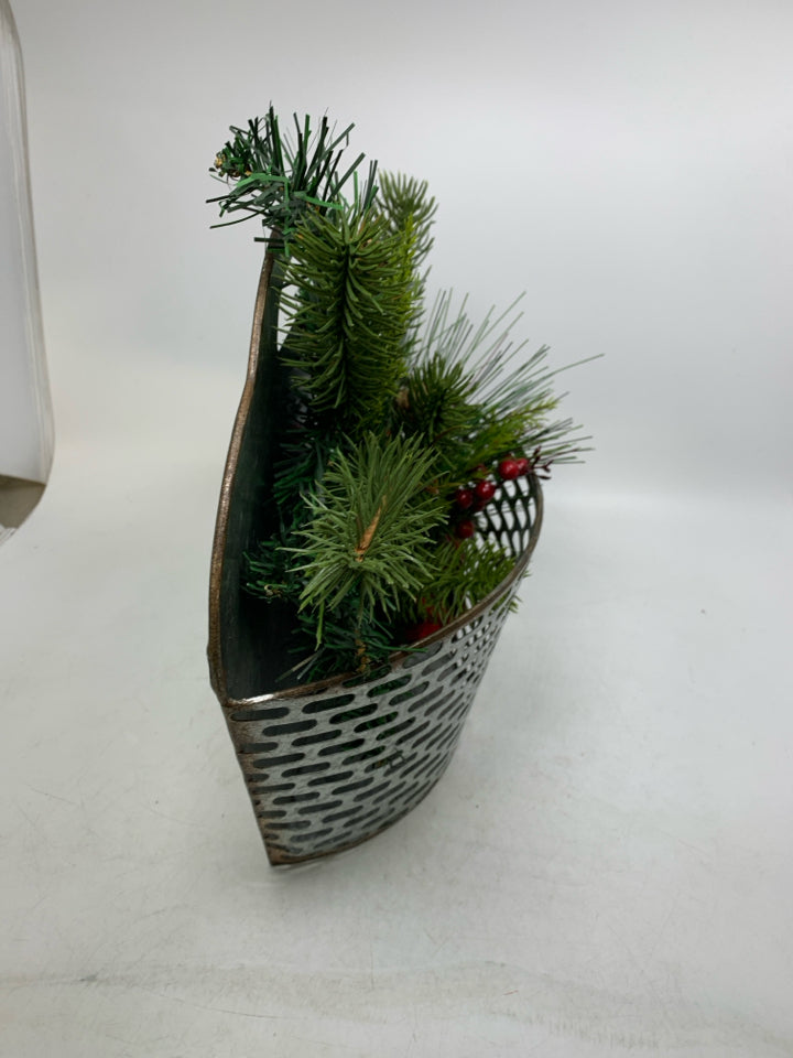 GALVANIZED SLOTTED WALL POCKET W/ WINTER BOUQUET.
