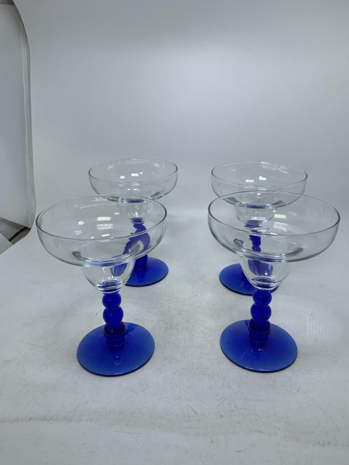 4 BLUE STEM MARGARITA GLASSES.