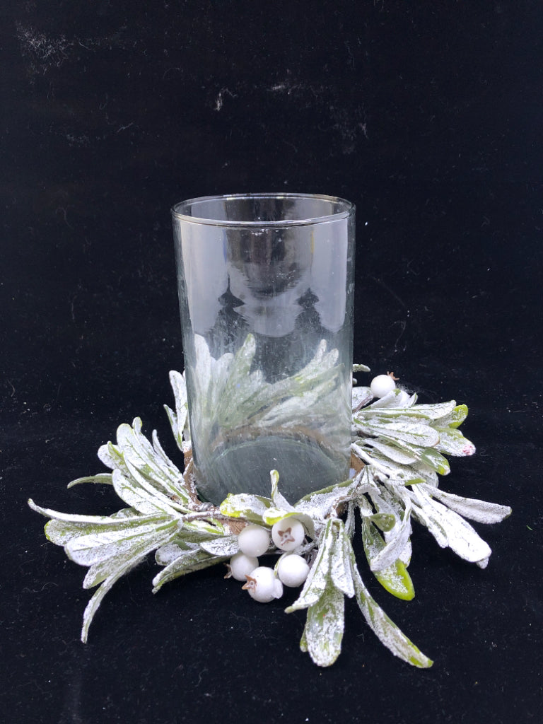 FAUX FROSTED GREEN AND BERRIES CANDLE HOLDER.