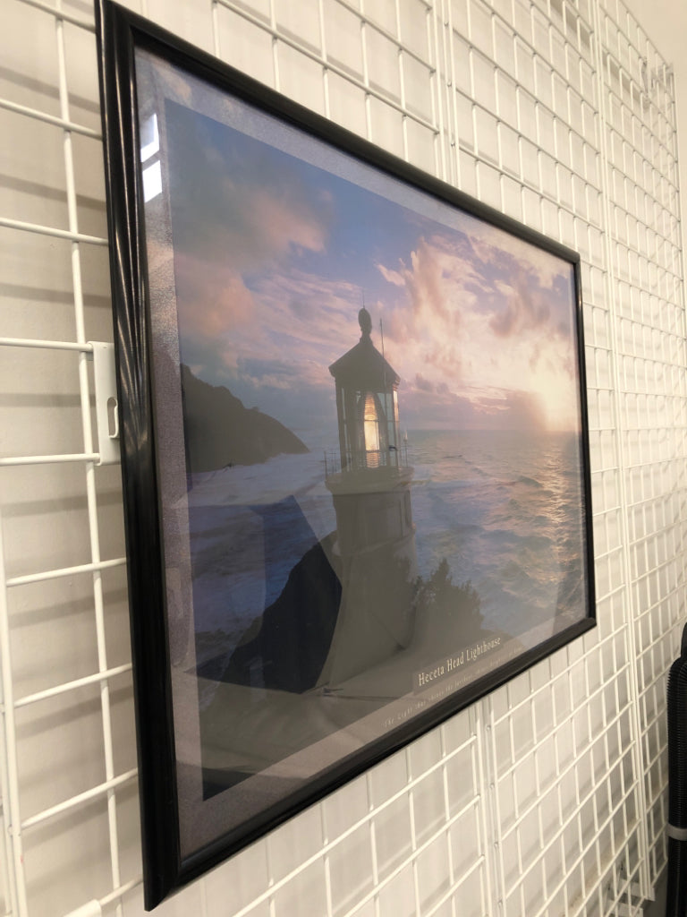 HECETA HEAD LIGHTHOUSE IN BLACK FRAME WALL ART.
