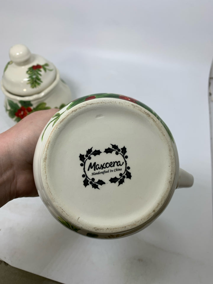 2 PC HOLLY/PINE CONE PAINTED SUGAR/CREAMER MAXCERA.