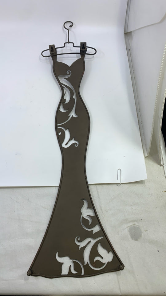 METAL DRESS SHAPED WALL HANGING W/SCARF HOOKS.