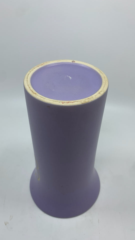PURPLE CERAMIC VASE W/WHITE FLOWER ETCHING.